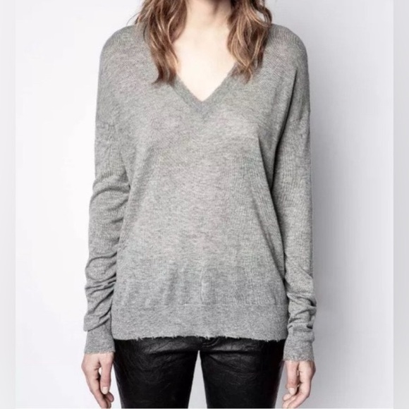 Zadig & Voltaire Happy M Wings V Neck Sweater Dark Gray Cashmere Size S NWOT - Picture 4 of 9